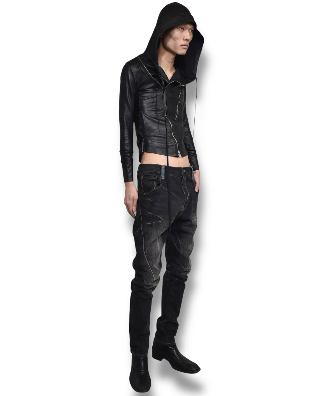 NONOYES! asymmetry zip up leather hoodie