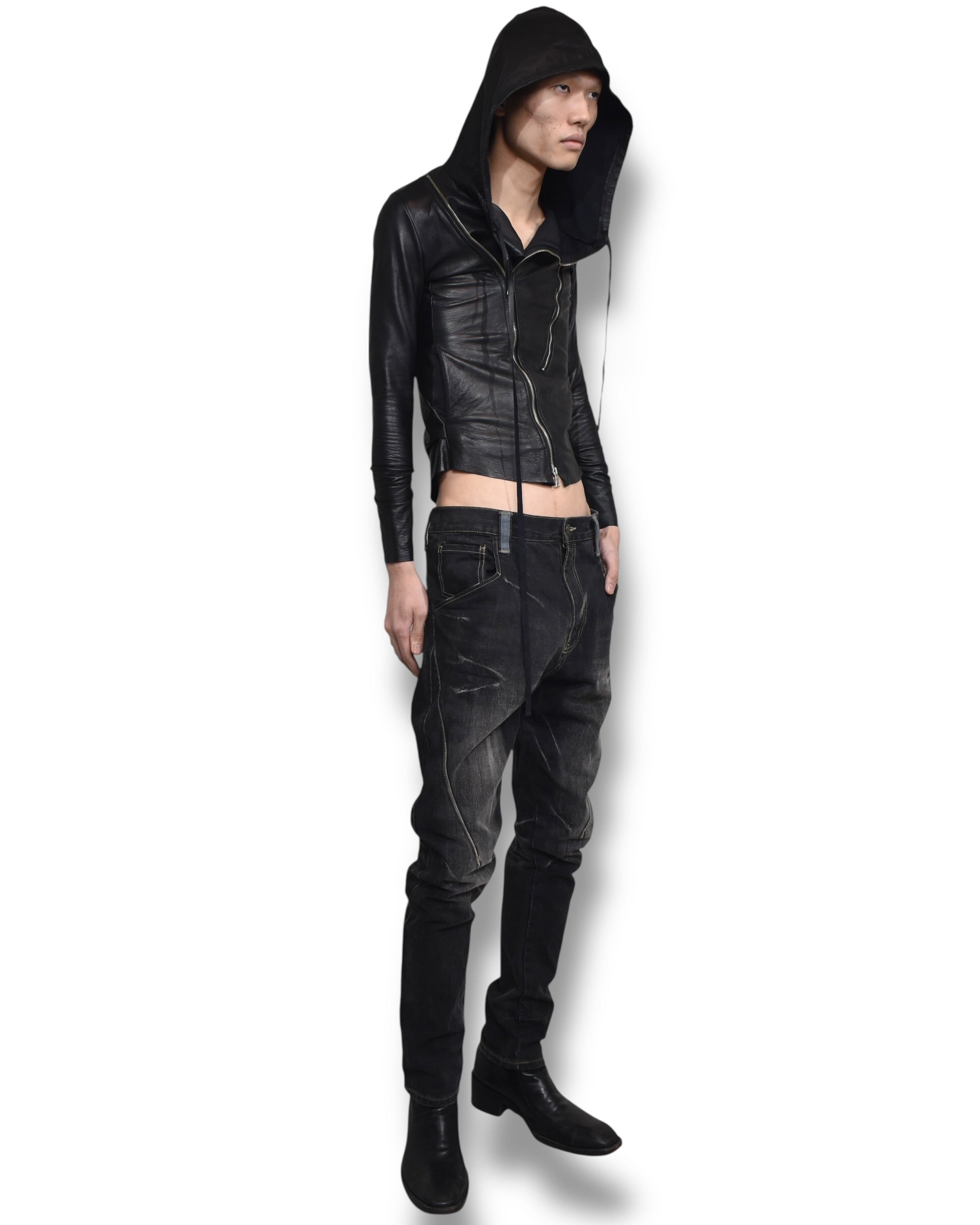 NONOYES! asymmetry zip up leather hoodie