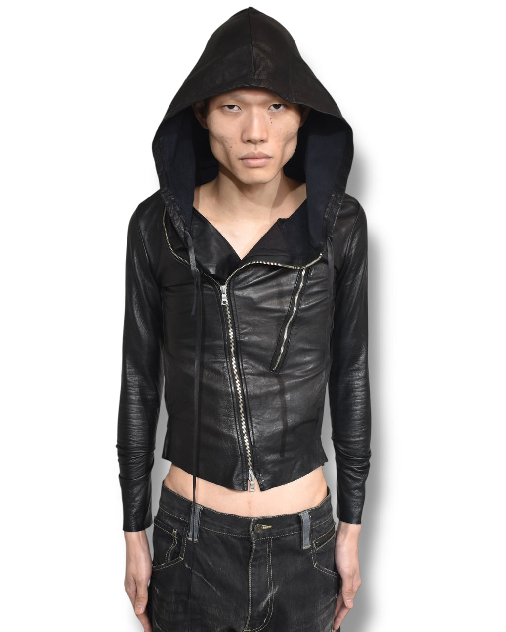 NONOYES! asymmetry zip up leather hoodie