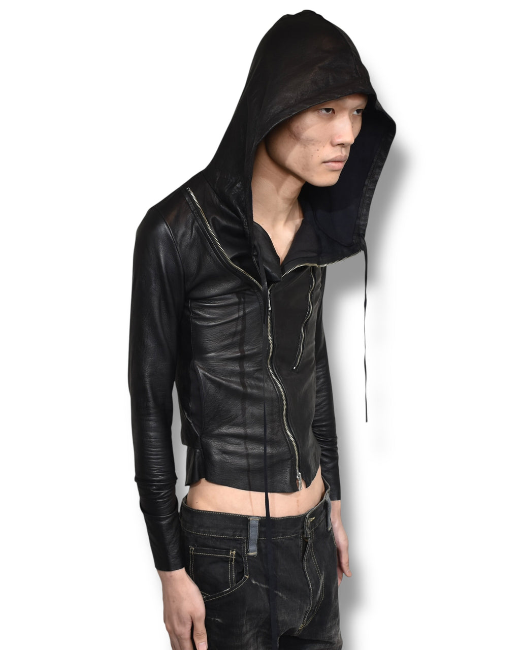 NONOYES! asymmetry zip up leather hoodie