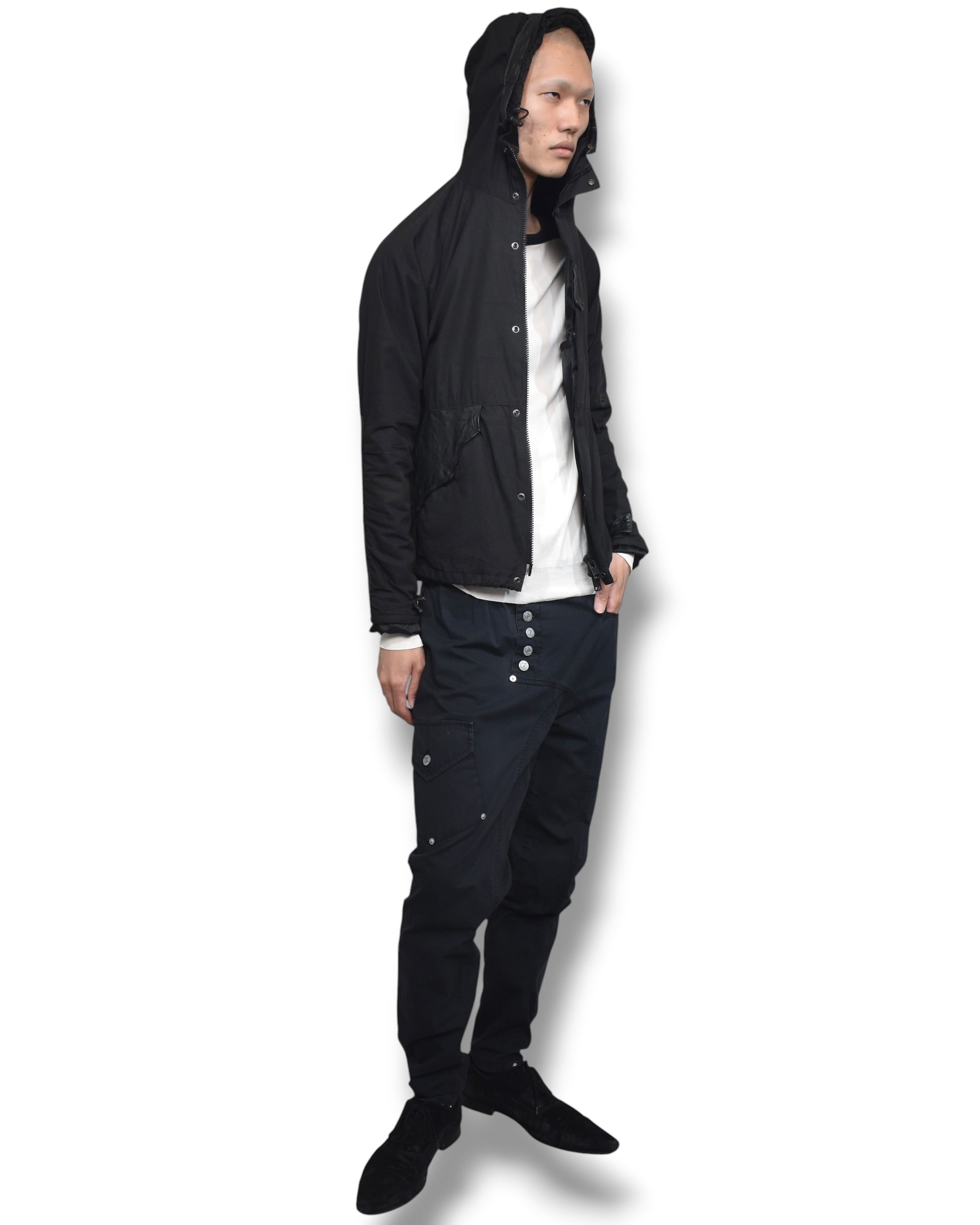 RIPVANWINKLE cow-leather switching hoodie jacket
