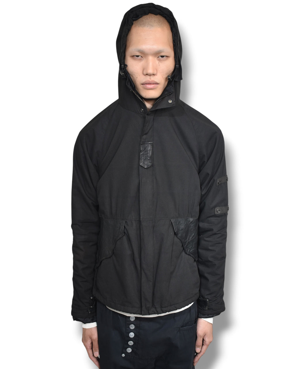 RIPVANWINKLE cow-leather switching hoodie jacket