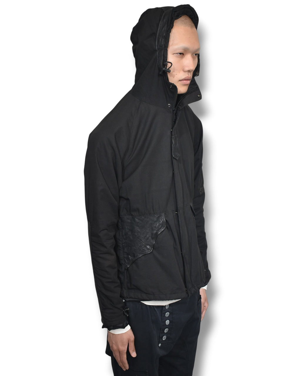 RIPVANWINKLE cow-leather switching hoodie jacket