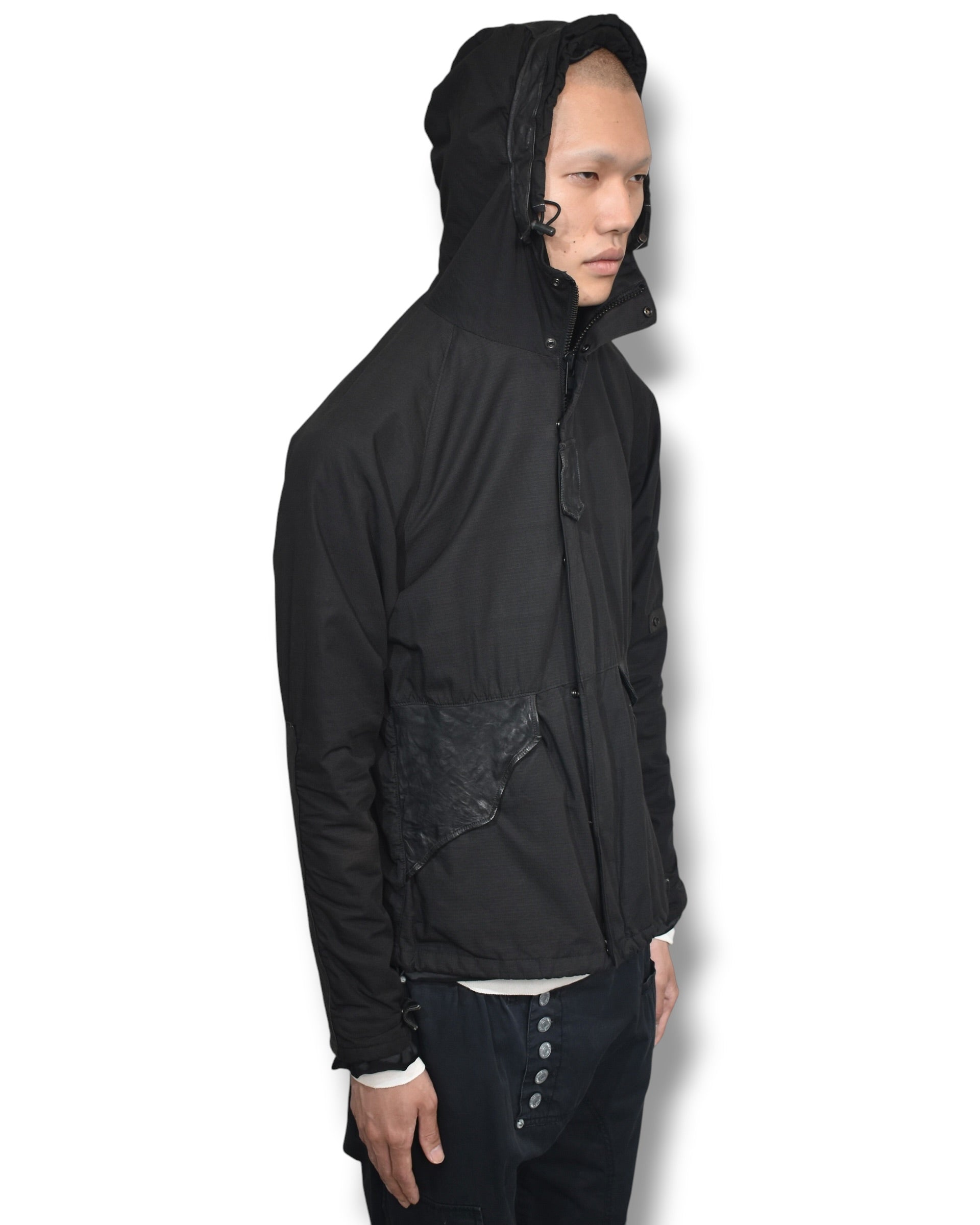 RIPVANWINKLE cow-leather switching hoodie jacket