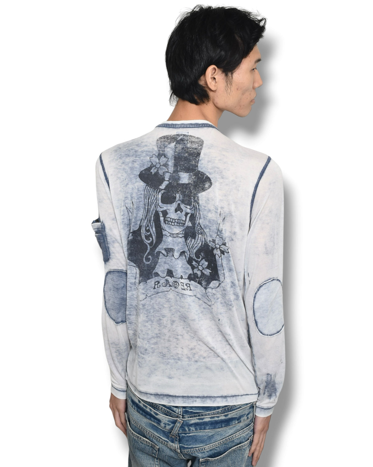 RA-RE skull graphic henley neck long sleeve top